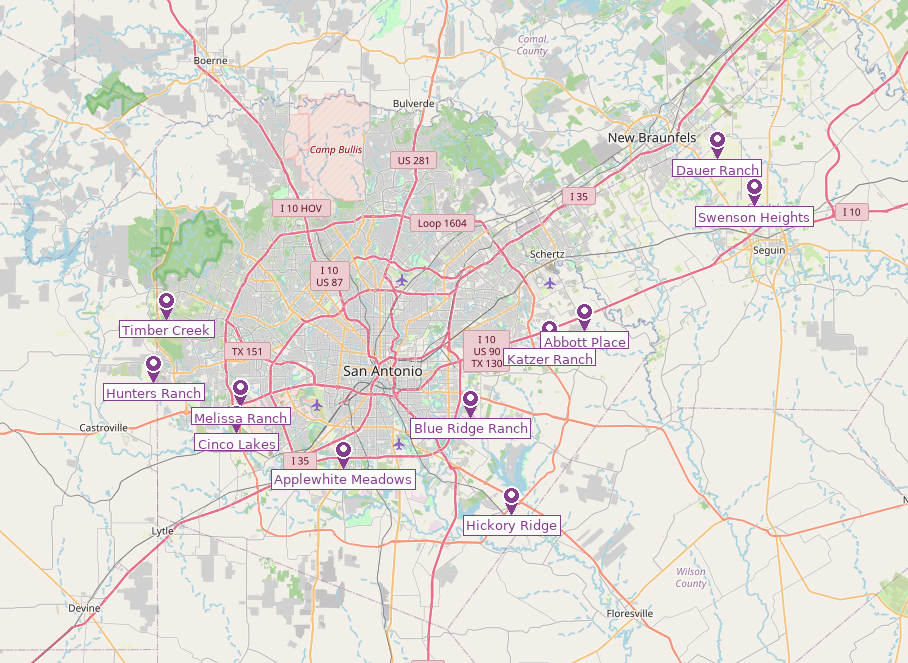 Map of Legend Homes communities across the greater San Antonio area
